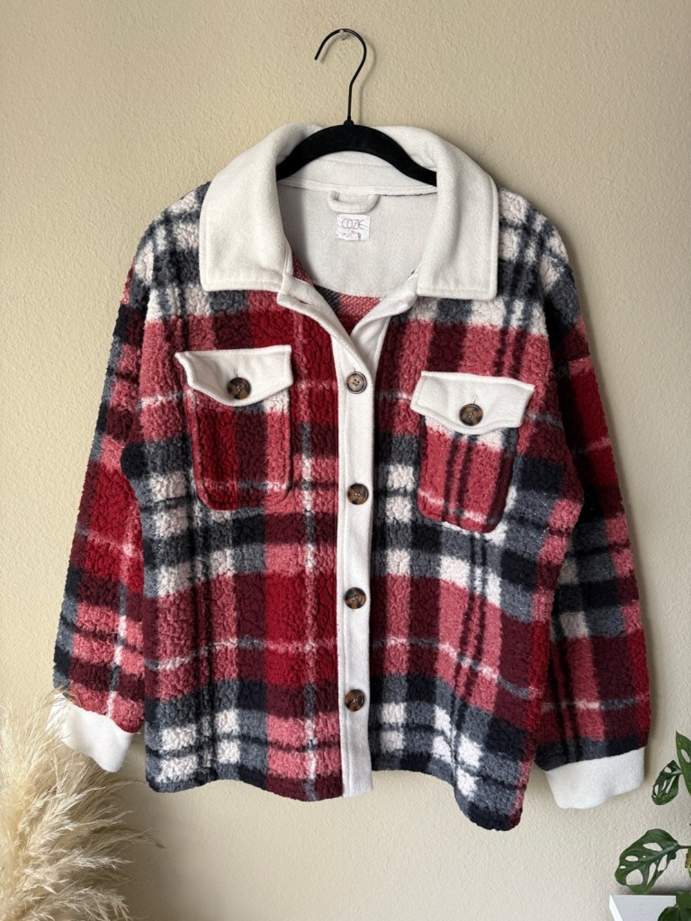 Cozie by Pink Rose Cozy Sherpa Lightweight Jacket Red White Blue Plaid